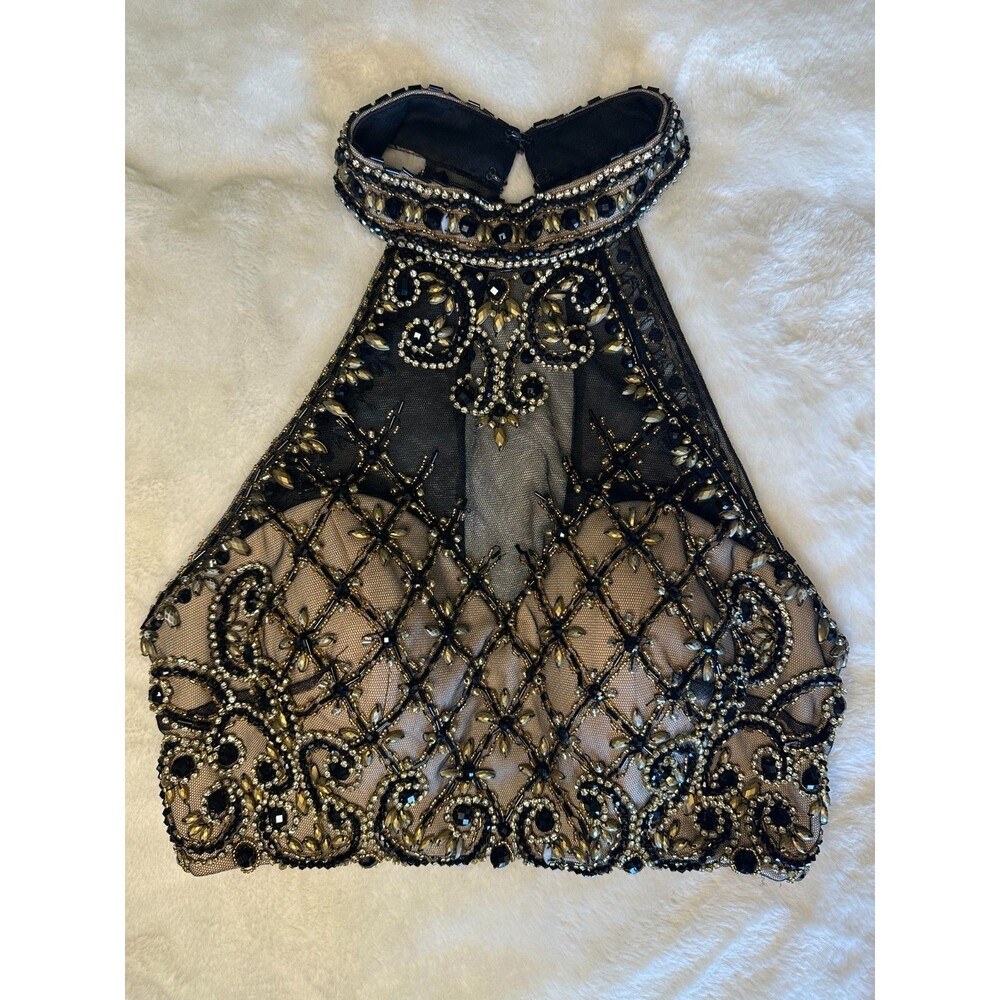 Vintage 90s black and gold beaded halter top XS costume festival top